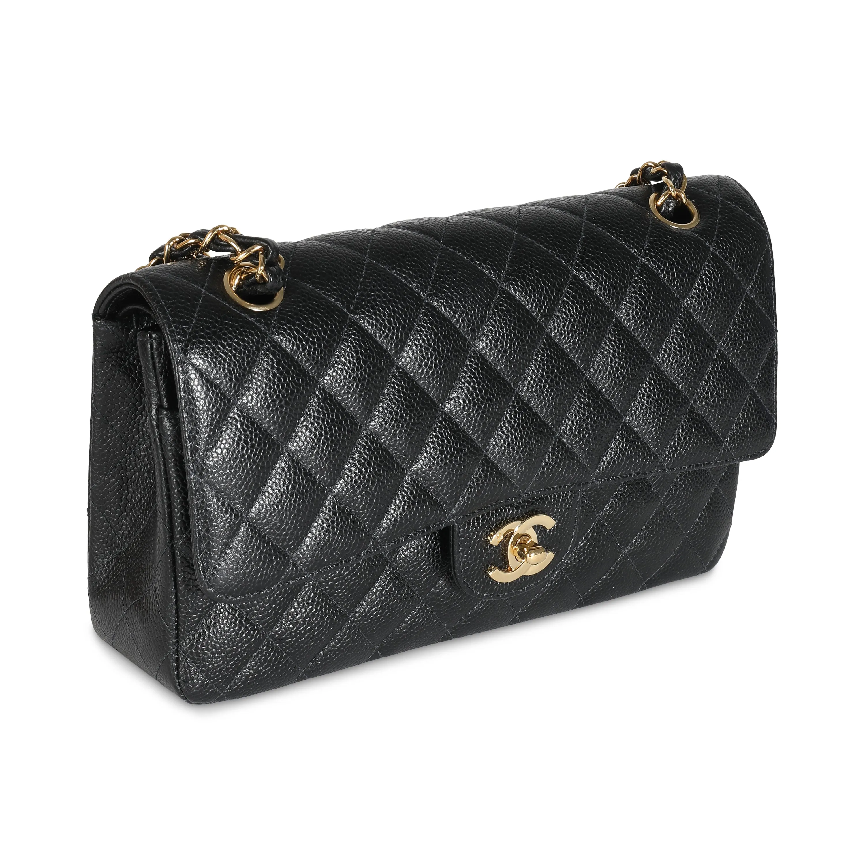24K Black Quilted Medium Classic Double Flap Bag