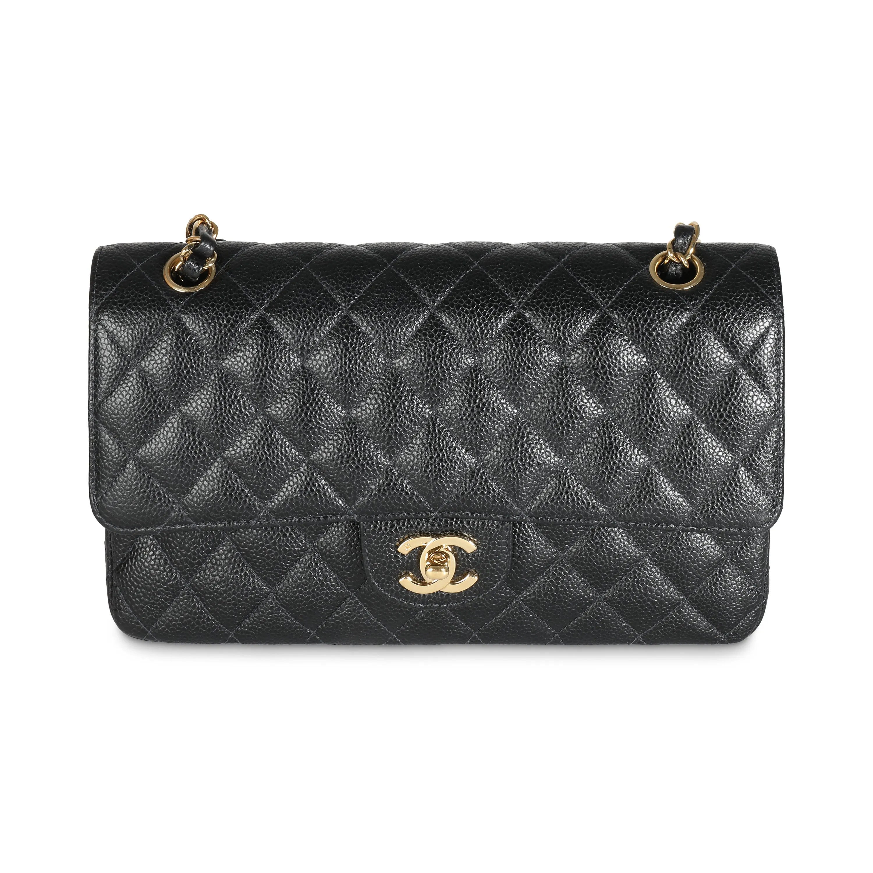 24K Black Quilted Medium Classic Double Flap Bag