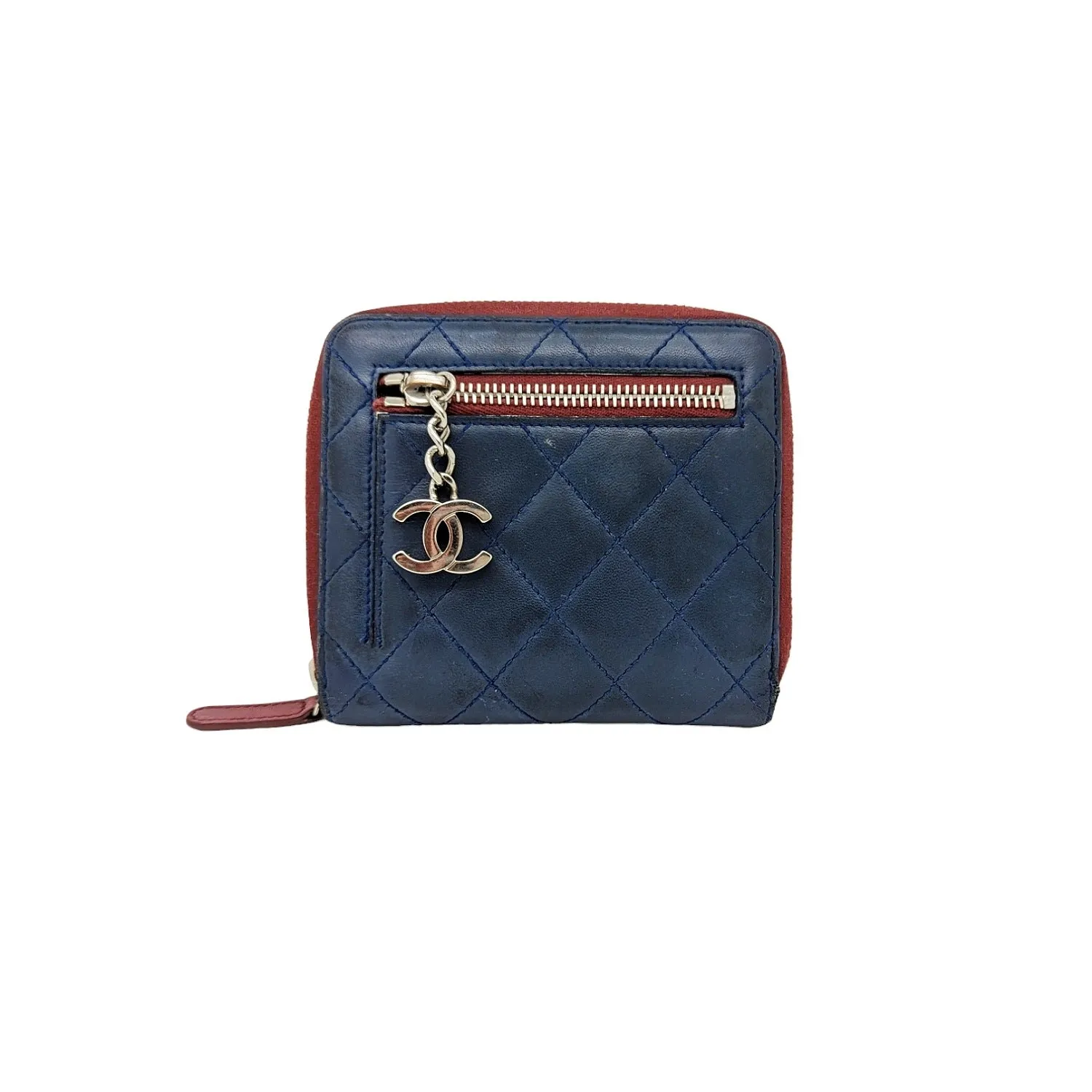 Chanel bag Blue Bicolor Quilted Maroon Trim Compact Zip Around Wallet