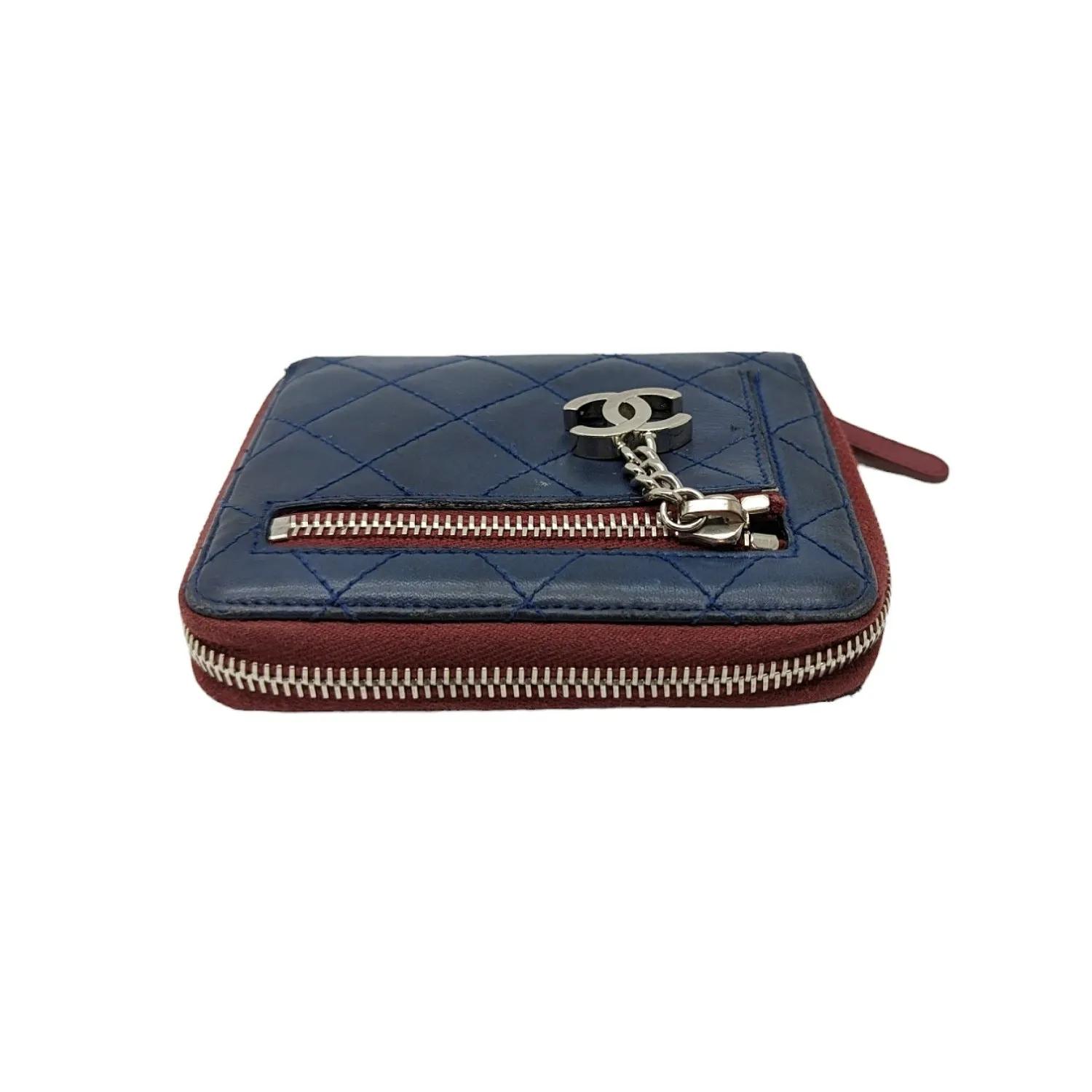 Chanel bag Blue Bicolor Quilted Maroon Trim Compact Zip Around Wallet