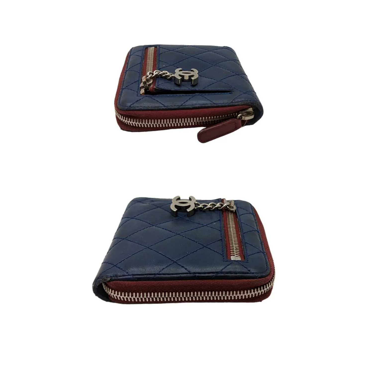 Chanel bag Blue Bicolor Quilted Maroon Trim Compact Zip Around Wallet