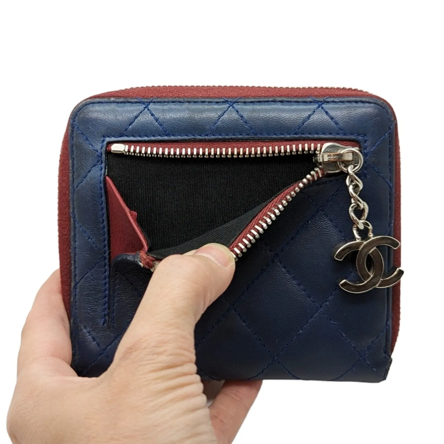 Chanel bag Blue Bicolor Quilted Maroon Trim Compact Zip Around Wallet