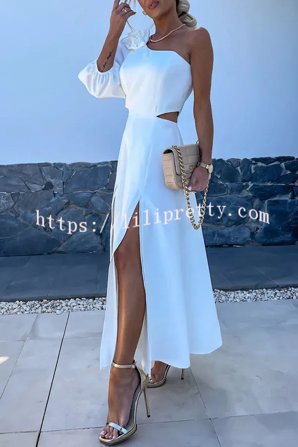 Full of Charm Rose Embellished One Shoulder Cutout Slit Midi Dress