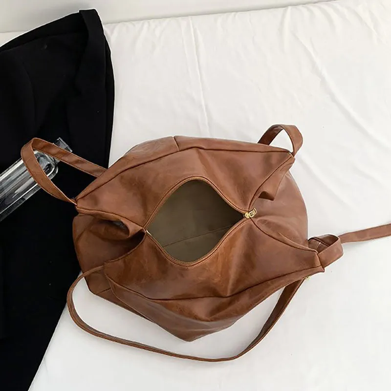 Large Leather Shoulder Bag Retro Plain Color Horizontal Travel Purse