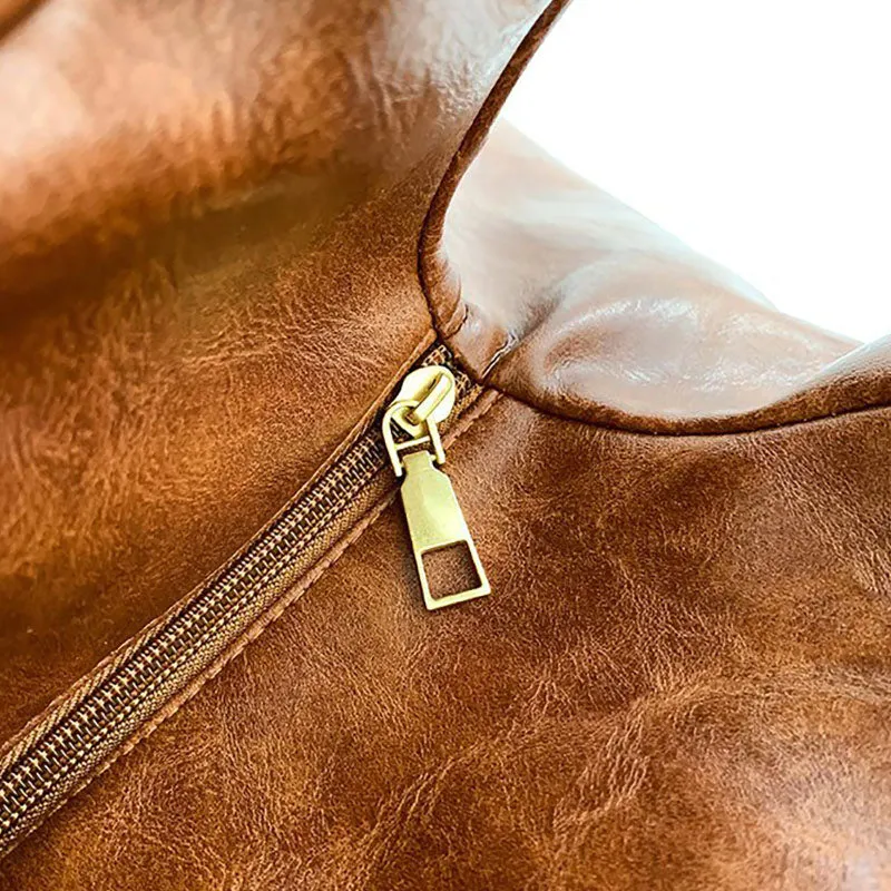 Large Leather Shoulder Bag Retro Plain Color Horizontal Travel Purse