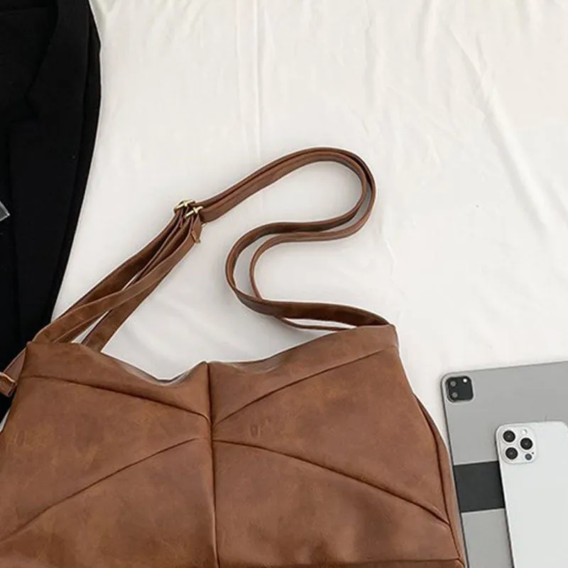 Large Leather Shoulder Bag Retro Plain Color Horizontal Travel Purse