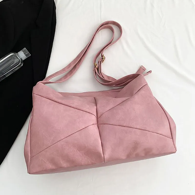 Large Leather Shoulder Bag Retro Plain Color Horizontal Travel Purse