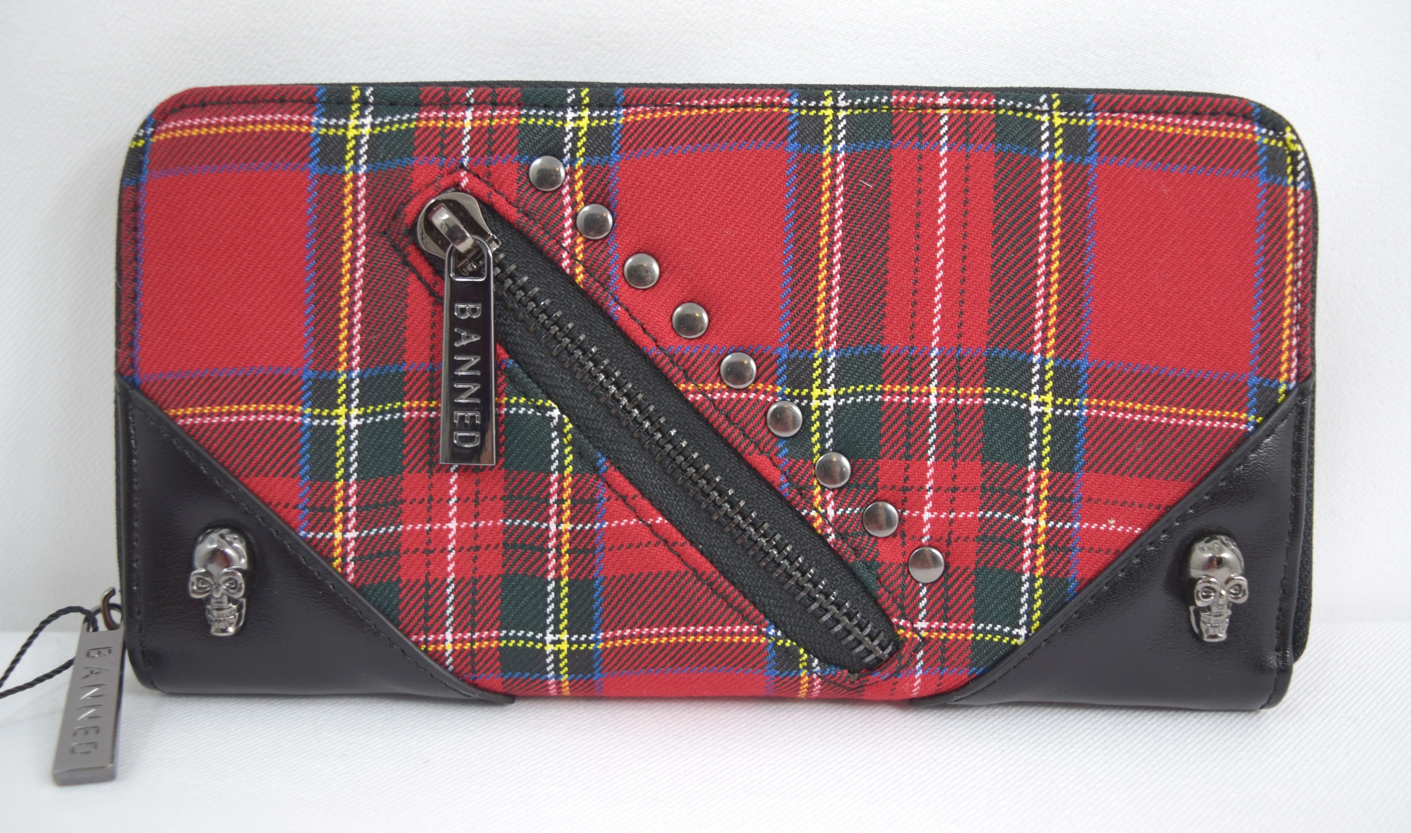 Lost Queen Punk Red Plaid Tartan With Zipper Accent Zip Around Wallet