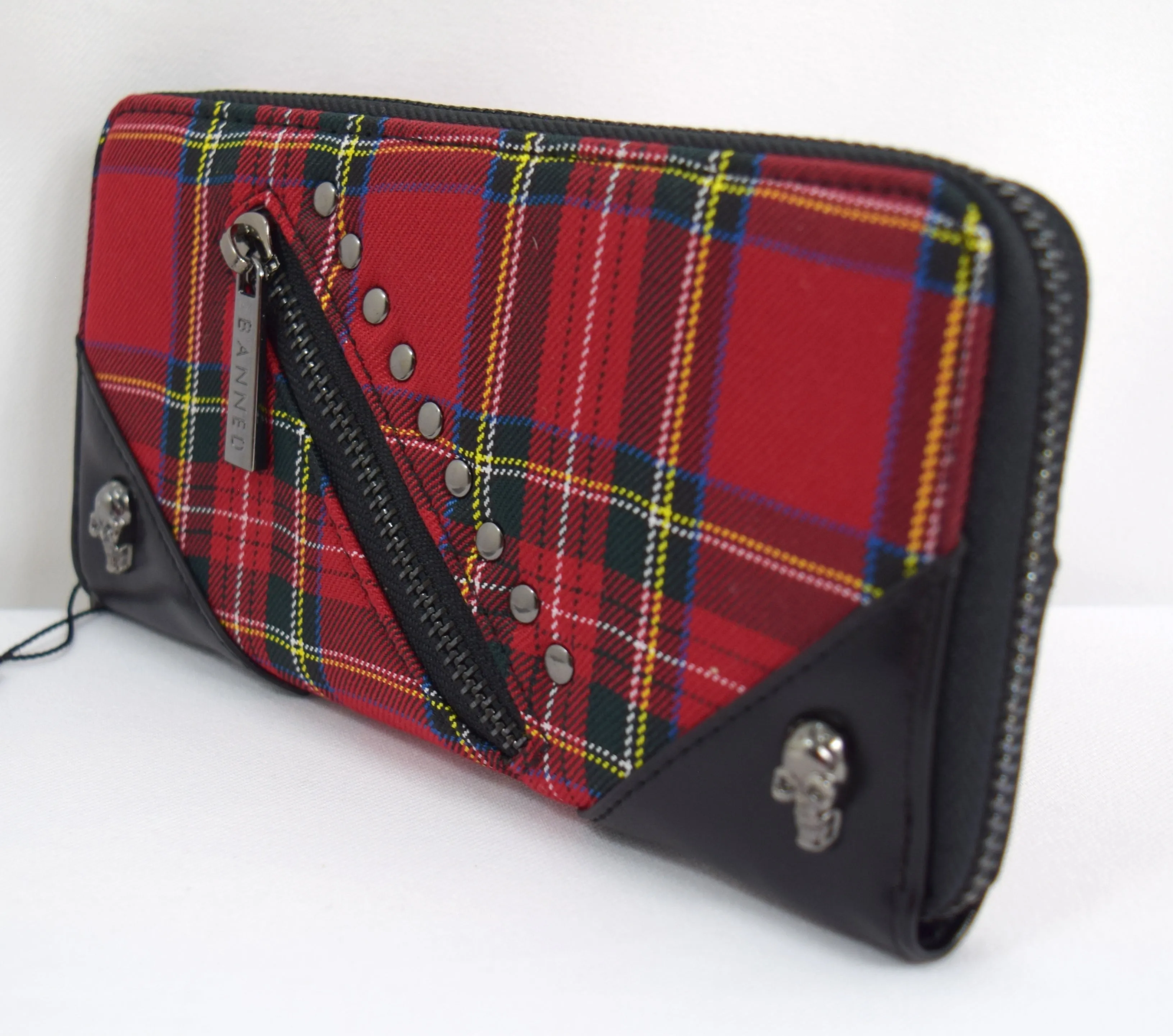 Lost Queen Punk Red Plaid Tartan With Zipper Accent Zip Around Wallet