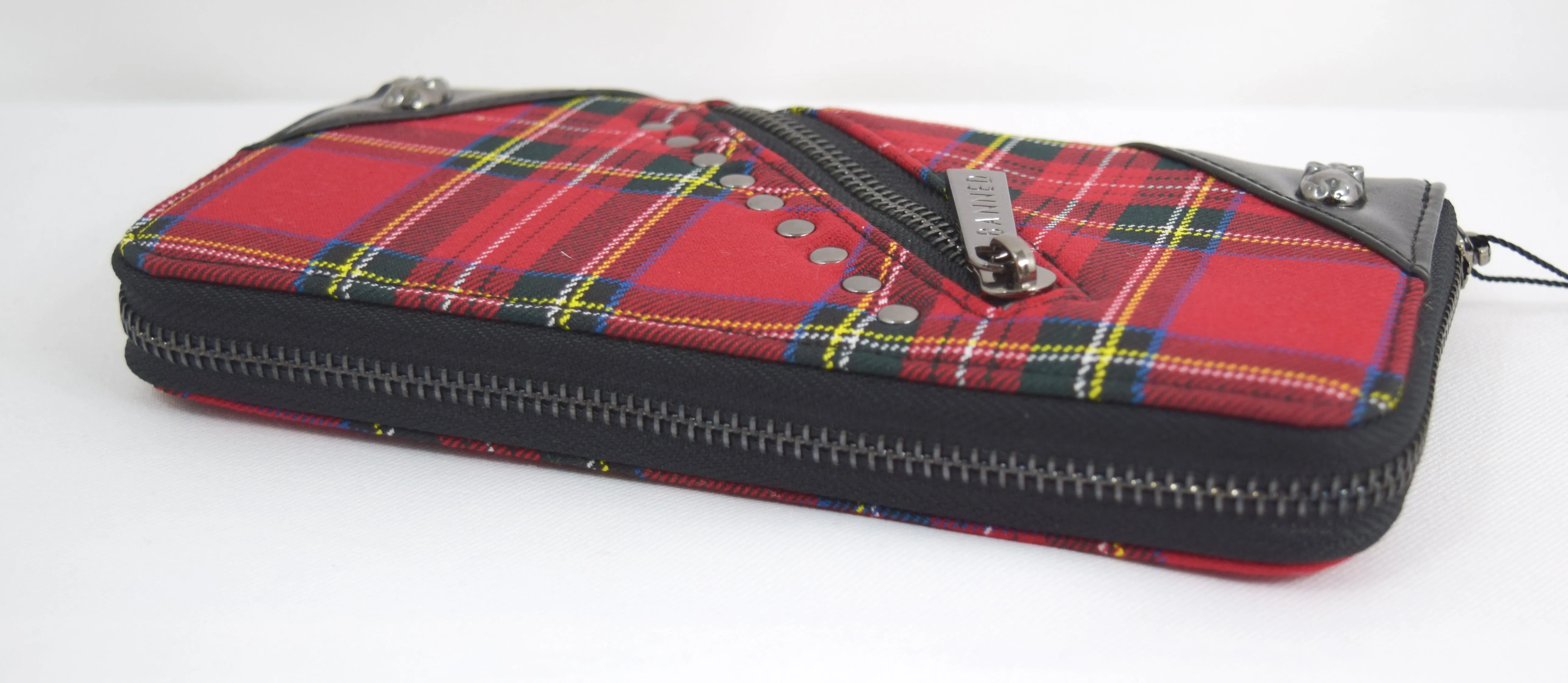 Lost Queen Punk Red Plaid Tartan With Zipper Accent Zip Around Wallet