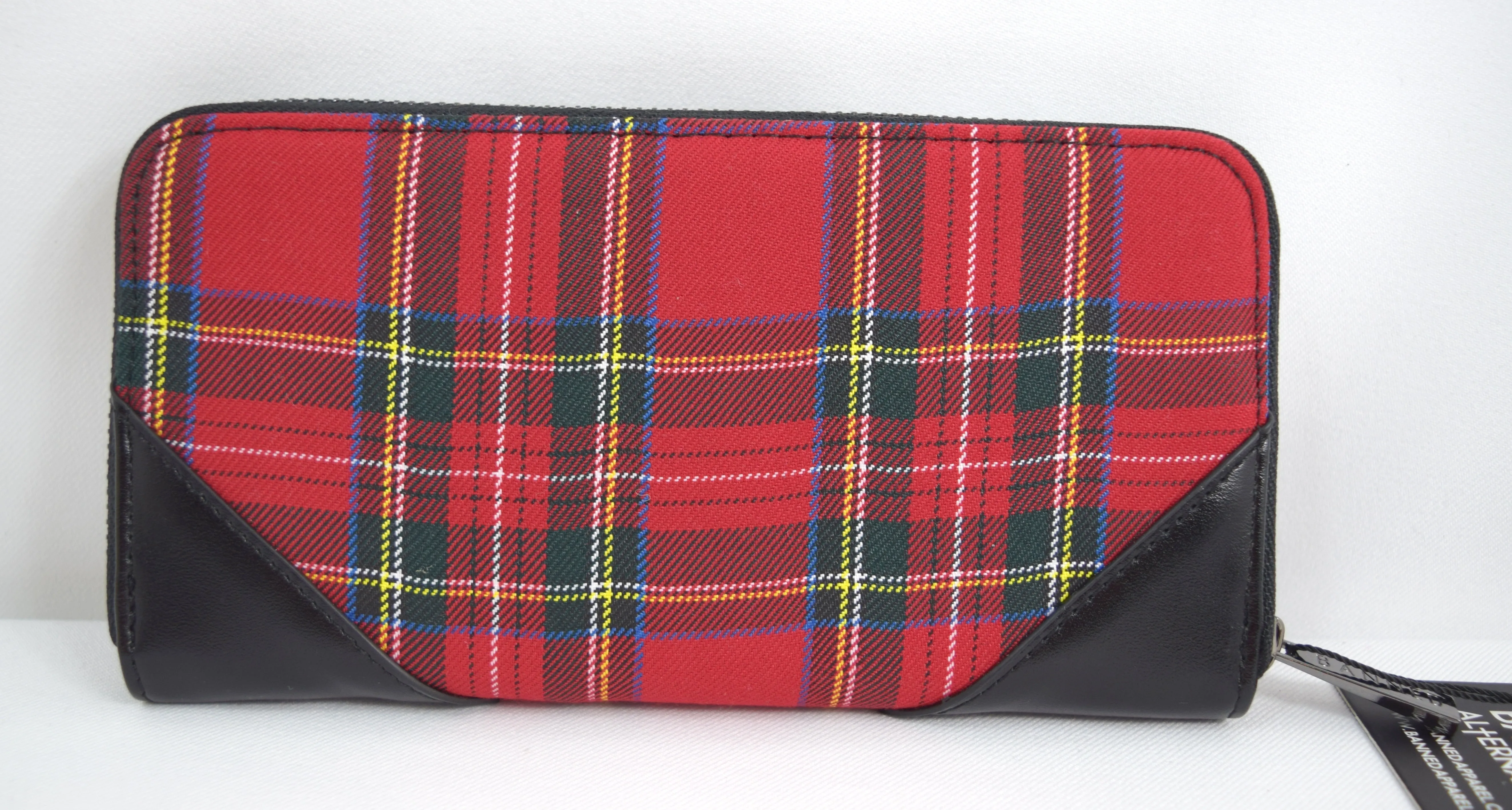 Lost Queen Punk Red Plaid Tartan With Zipper Accent Zip Around Wallet