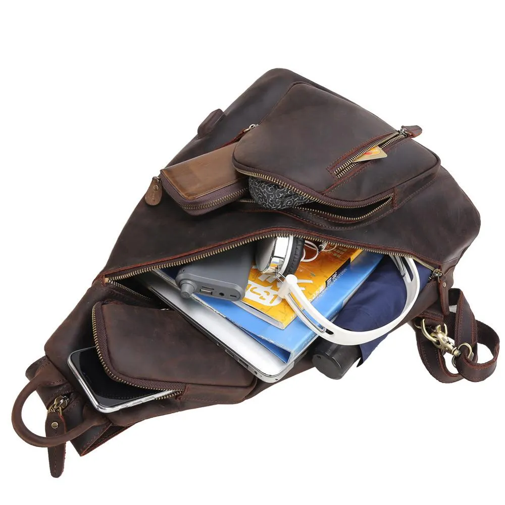 YAAGLE Mens Crazy Horse Leather Sling Chest BackPack USB Charging Sports Crossbody Bag YG5115