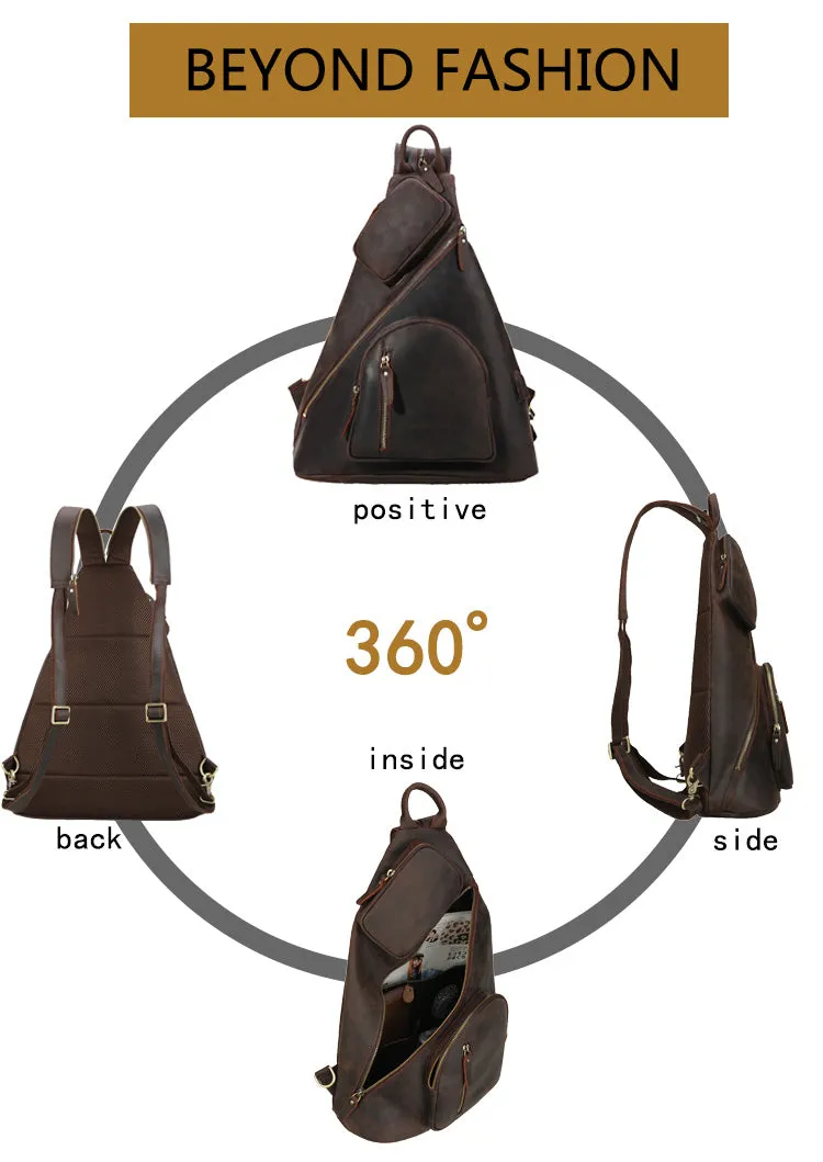 YAAGLE Mens Crazy Horse Leather Sling Chest BackPack USB Charging Sports Crossbody Bag YG5115