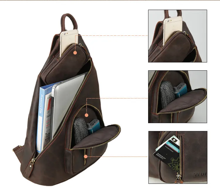 YAAGLE Mens Crazy Horse Leather Sling Chest BackPack USB Charging Sports Crossbody Bag YG5115