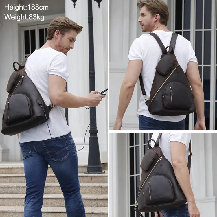 YAAGLE Mens Crazy Horse Leather Sling Chest BackPack USB Charging Sports Crossbody Bag YG5115