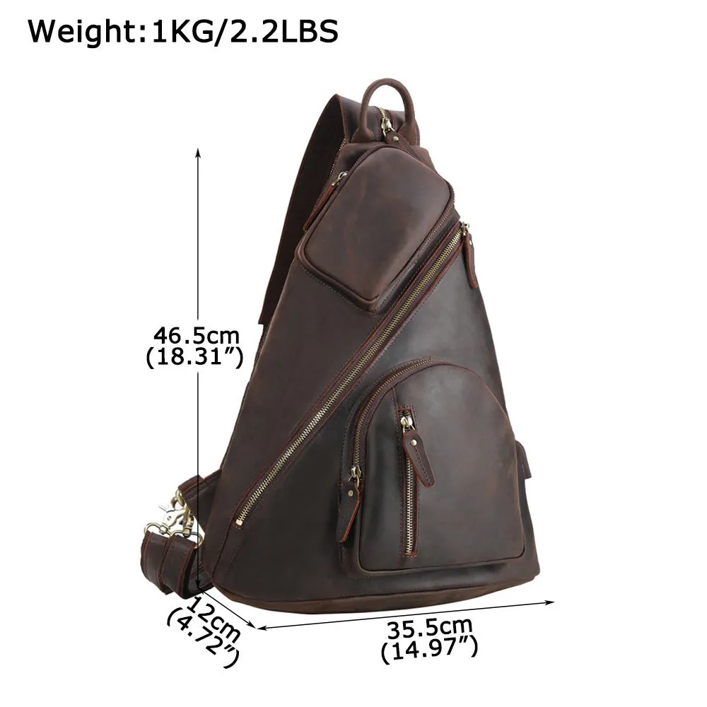 YAAGLE Mens Crazy Horse Leather Sling Chest BackPack USB Charging Sports Crossbody Bag YG5115