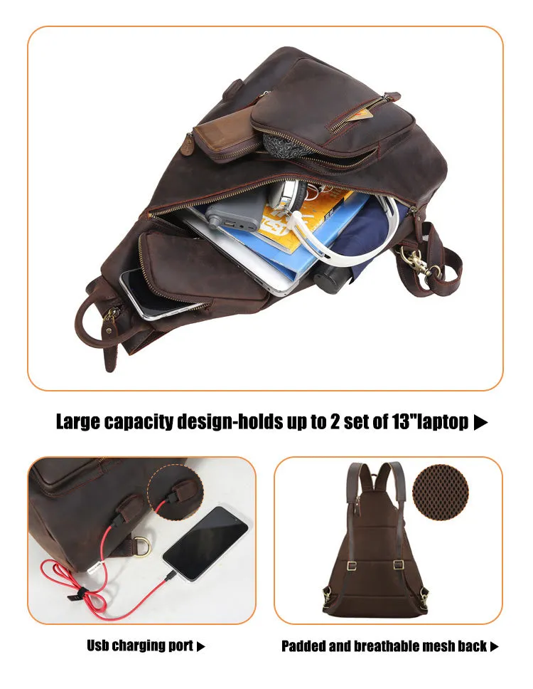 YAAGLE Mens Crazy Horse Leather Sling Chest BackPack USB Charging Sports Crossbody Bag YG5115
