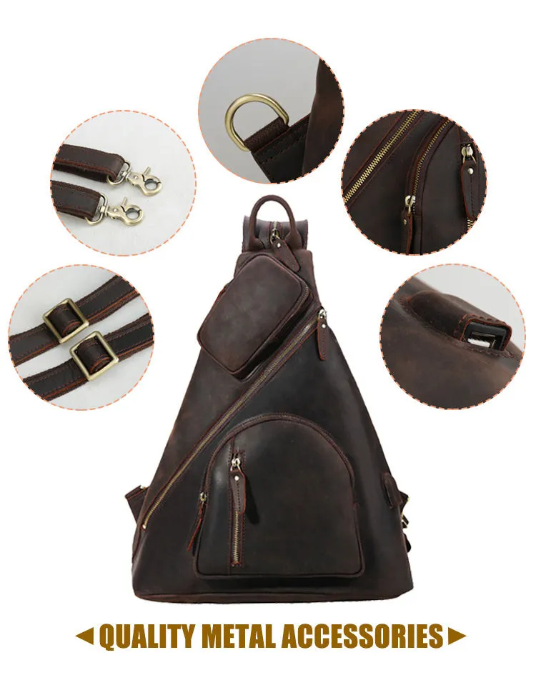 YAAGLE Mens Crazy Horse Leather Sling Chest BackPack USB Charging Sports Crossbody Bag YG5115