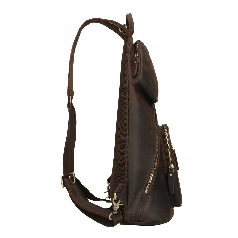 YAAGLE Mens Crazy Horse Leather Sling Chest BackPack USB Charging Sports Crossbody Bag YG5115